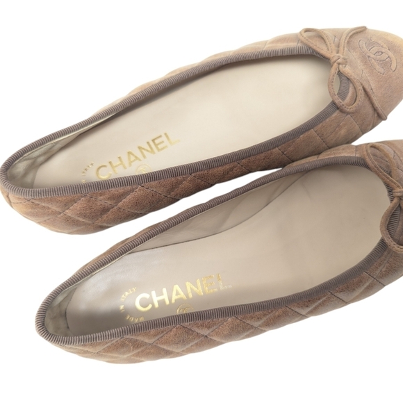 Chanel Interlocking CC Leather Tan Brown Quilted Bow Cap Toe Ballet Flat Size 39 - Picture 8 of 11